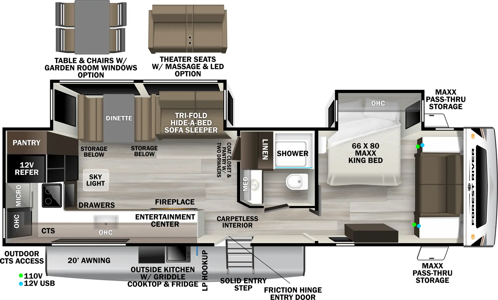 The Wildcat Travel Trailers 310RKX floorplan has one entry and two slide outs. Exterior features include: fiberglass exterior, 20' awning and outside kitchen. Interiors features include: rear kitchen, free-standing dinette option and front bedroom.